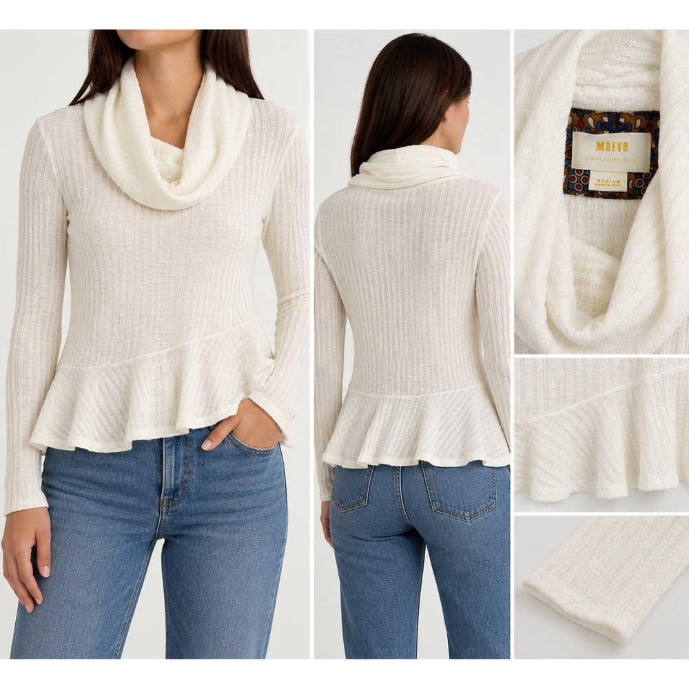 Maeve Anthropologie Ivory Cowl Neck Peplum Top Medium Ribbed Boho Romantic